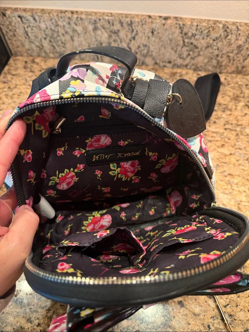 Betsey Johnson Black & White Striped Mini Backpack with Pink Floral Print